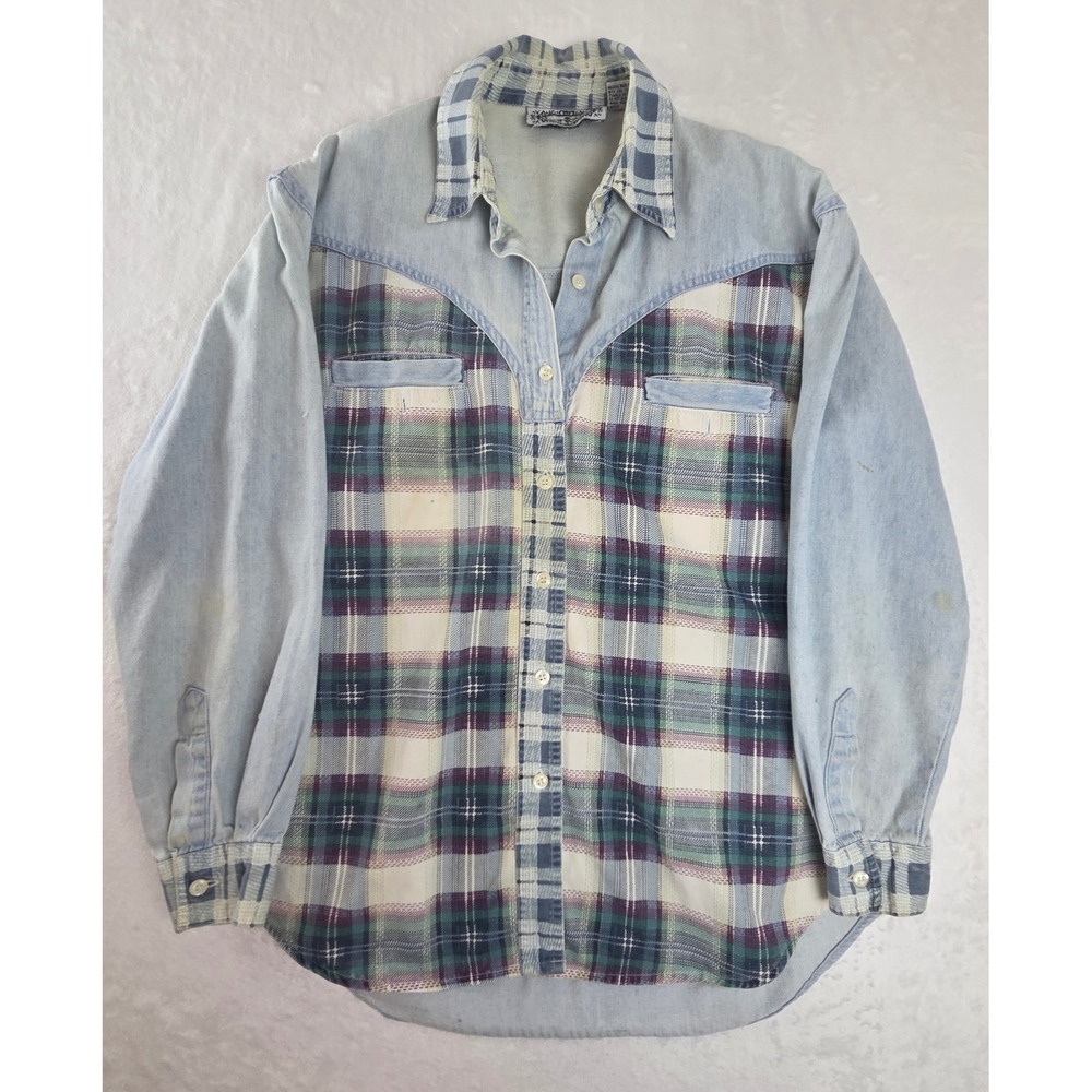 Bonjour Vintage Womens Blue Plaid Denim Mixed Media Western‎ Shirt Small